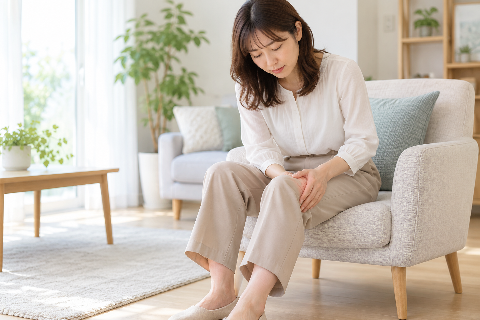 椅子に座り、左膝に手を添えて脚のだるさを気にする女性
